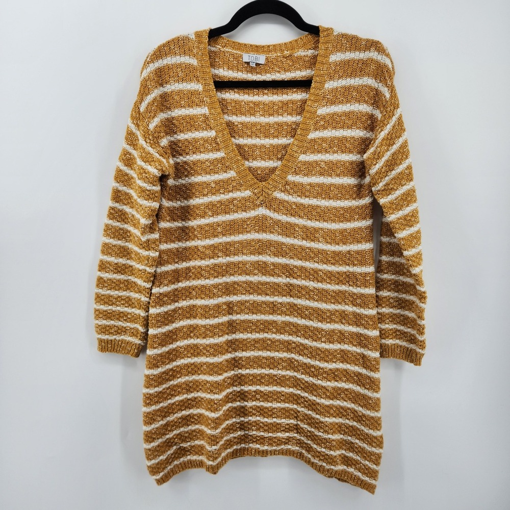 TOBI Women's Small Gold White Striped Knit Tunic Sweater V-Neck‎ Long Sleeve